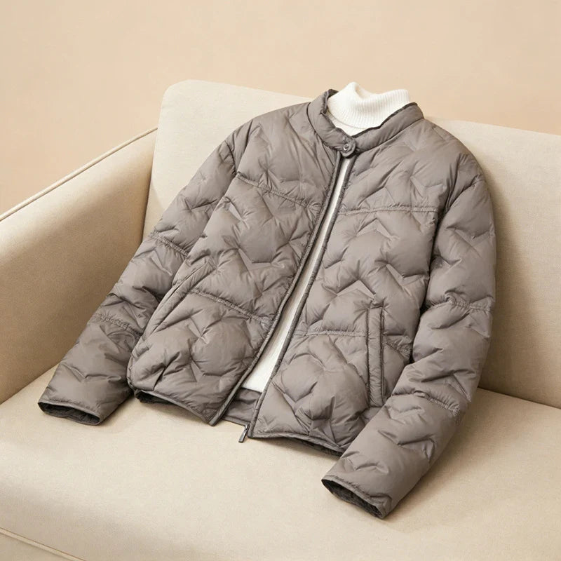 Schinteon Women White Duck Down Lightweight Puffer Quilted Jacket Stand Collar Fashion Autumn Winter Short Coat 2026 New