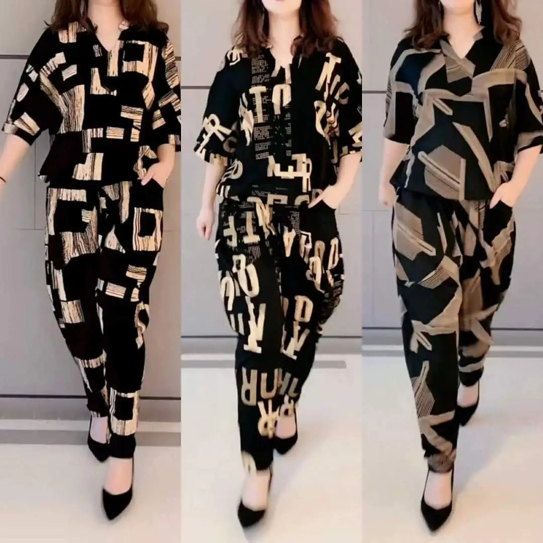 Casual Fashion Geometric Letter Printing Pant Sets Summer 2025 Short Sleeve V-Neck T-shirt Wide Leg Pants Slim Women's Clothing