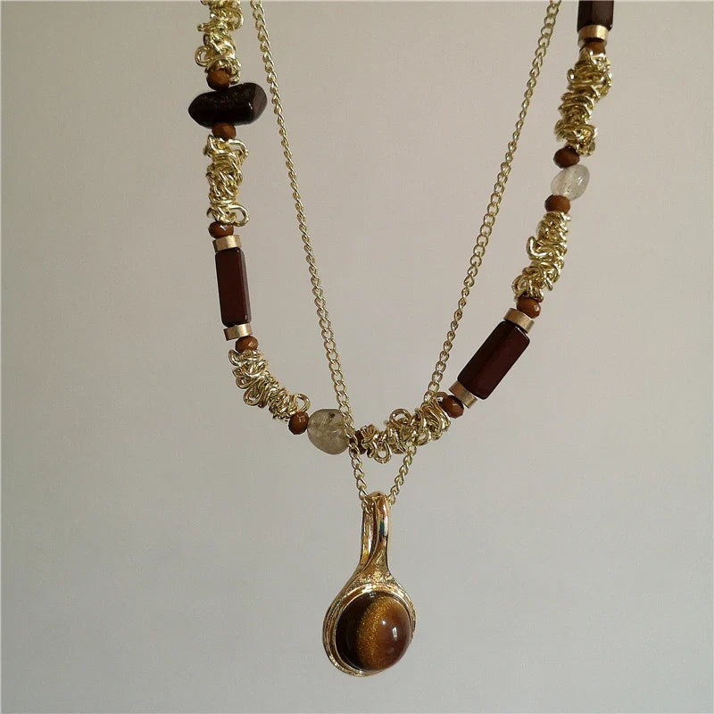 Vintage Leather Brown Stone Sun Pendant Beaded Choker Clavicle Chain Necklace For Women Unique Y2K Personalized Grunge Jewelry