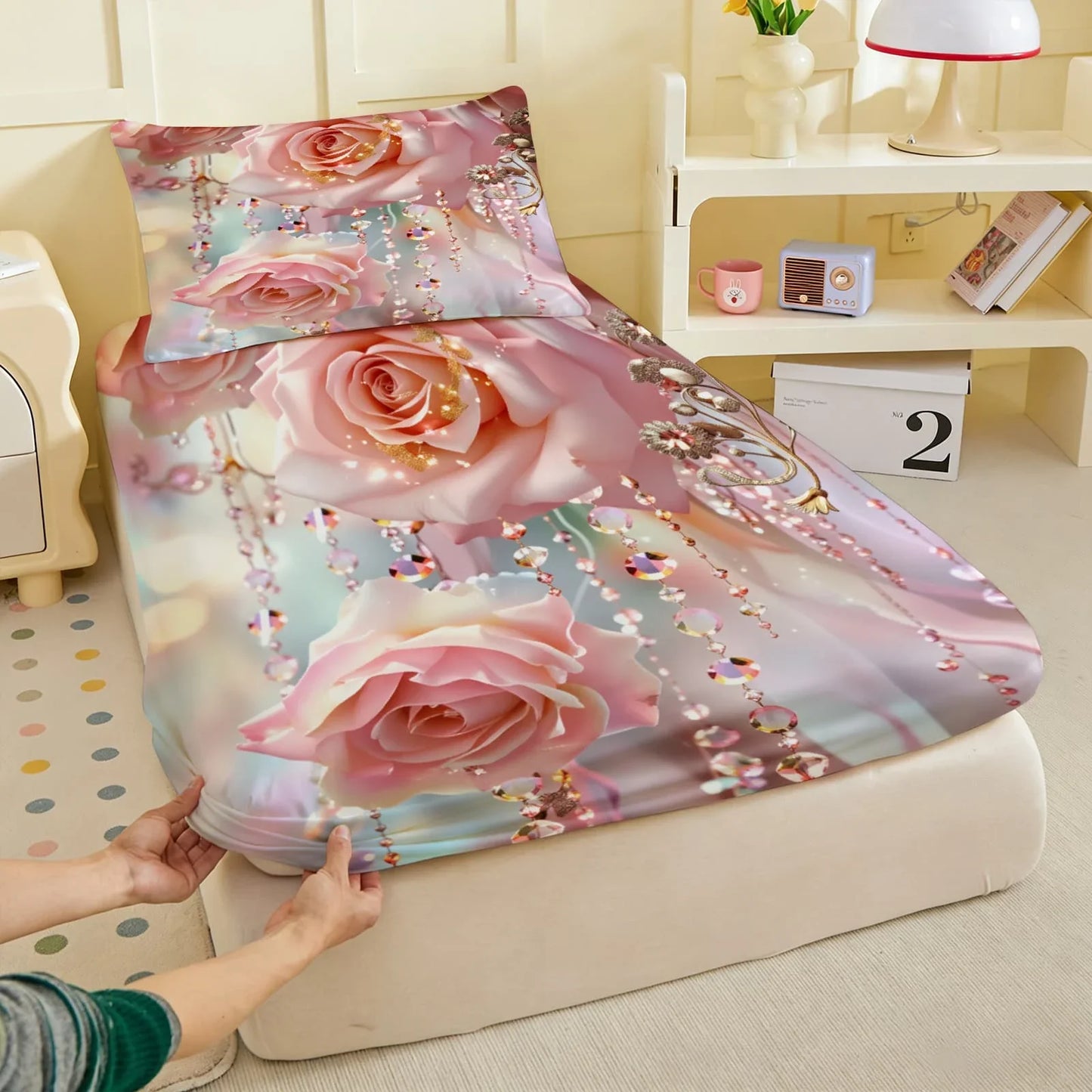 1pc 3D Pink Roses with Crystal Bead Print Fitted Sheet Deep Pocket