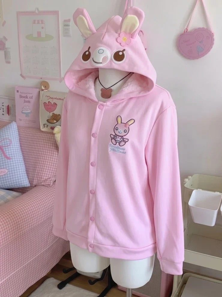 Japanese Cute Coat Embroidery Rabbit Ear Hooded Subculture Kawaii Y2k Tops Casual Fashion Sweet Coats Ropa Mujer Women Clothing