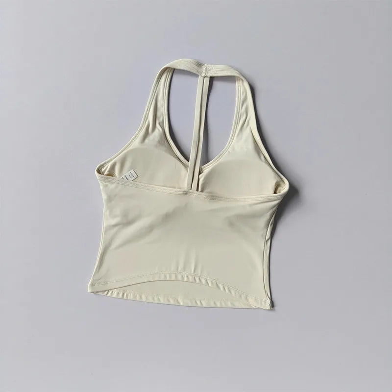 Women's Summer V-Neck Yoga Sports Vest Hanging Back Neck Design Outdoor Running Training Gathered Fit Top for Active Wear