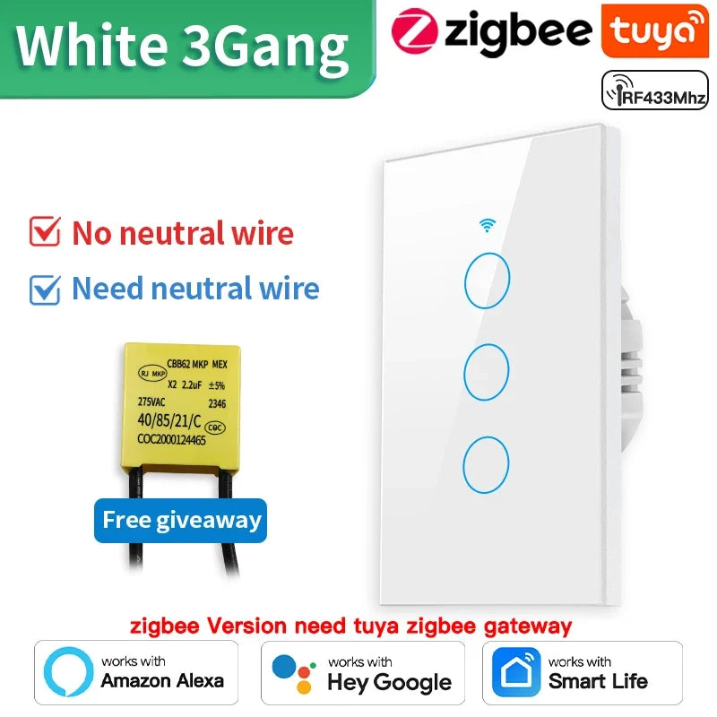 TNCE Tuya US Switch wifi zigbee, 1/2/3/4 gang, No-Neutral/Wire LED light control Wall Button, smart voice with Alexa Google Home