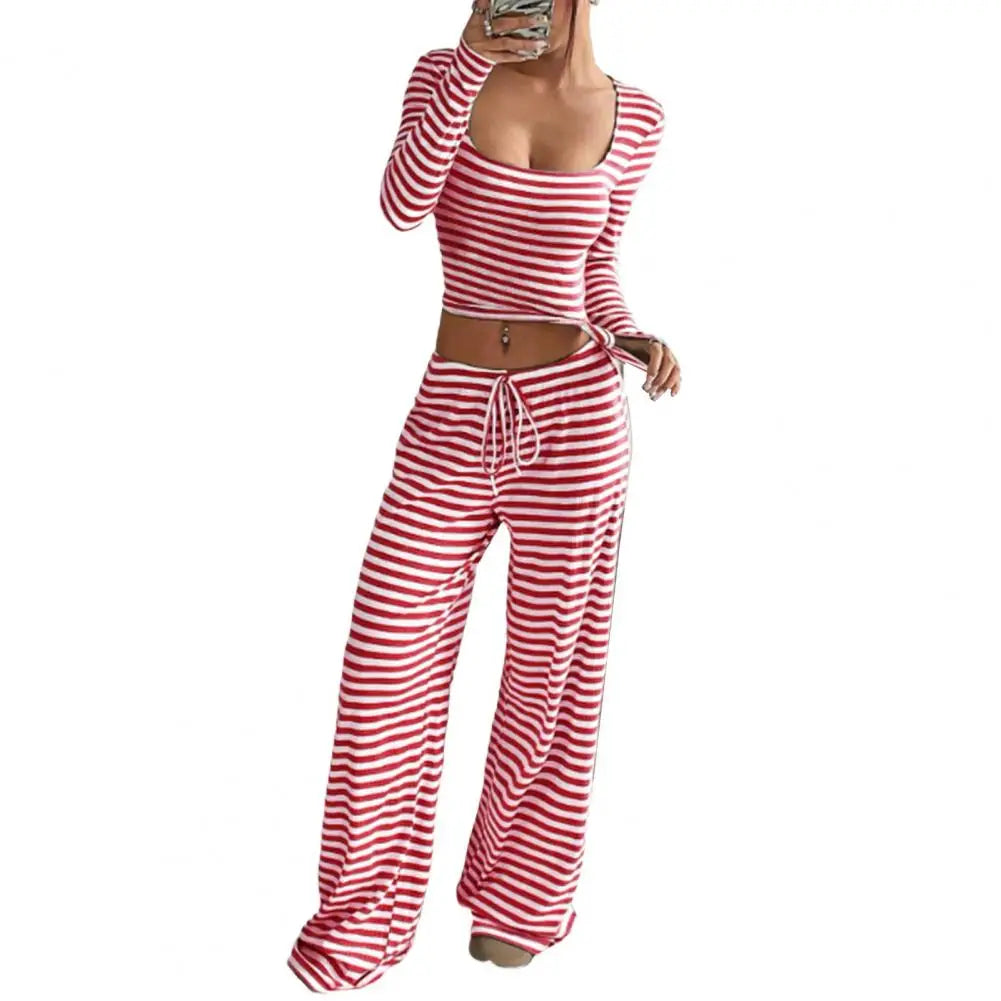 Women's Striped 2 Piece Outfits Long Sleeve Square Neck Cropped Top Drawstring Wide Leg Pants Set Casual Lounge Lady Sweatsuits