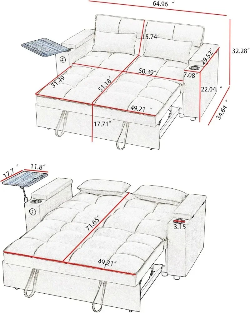 hansones 65'' 3-in-1 Folding Convertible Sofa Bed, Pullout Sofa, Modern Chenille Fabric, 360° Swivel Side Table, Easy Assembly,