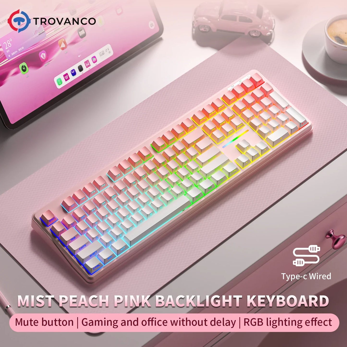 V108 Bluetooth Keyboard  Office Low Noise 2.4G Wired&Wireless Full Layout with RGB Backlit Membrane