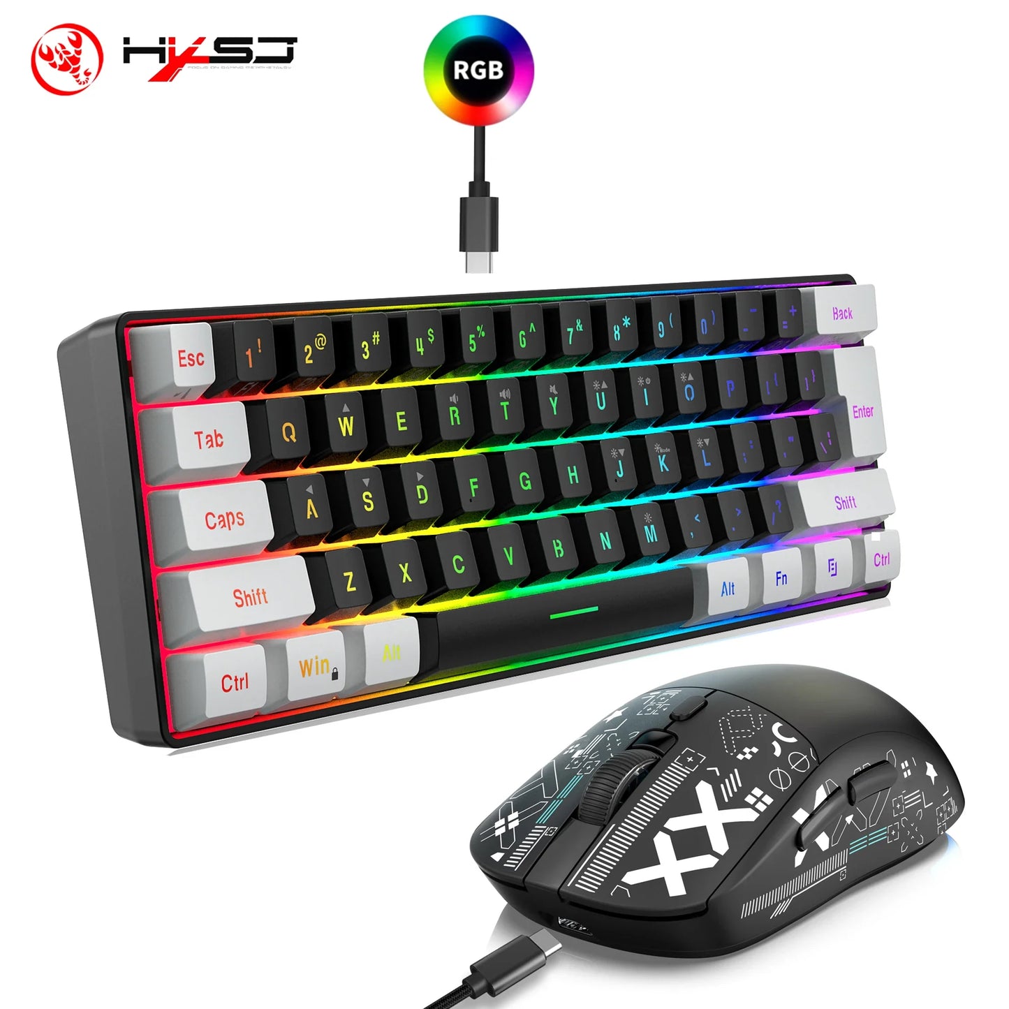 HXSJ-60% RGB Backlit Gaming Keyboard and Mouse Set 61-Key Wired Keyboard 3-Mode Optical Gaming Wireless Mouse for Laptop PC