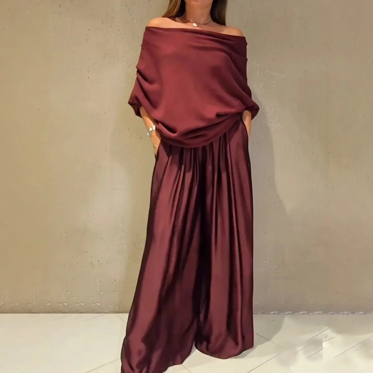 Fashion 2 Pieces Sets Women Elegant Off-shoulder Loose Tops And Satin Wide Leg Pants Sets 2026 Spring Casual Suit Woman Clothes