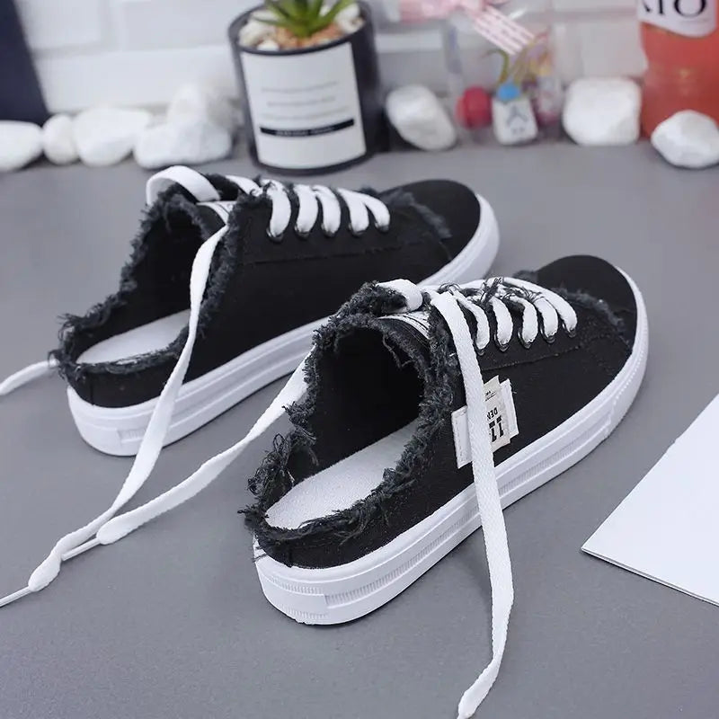 New 2024 Spring Summer Women Canvas Shoes Flat Sneakers Women Casual Shoes Low Upper Lace Up White Shoes