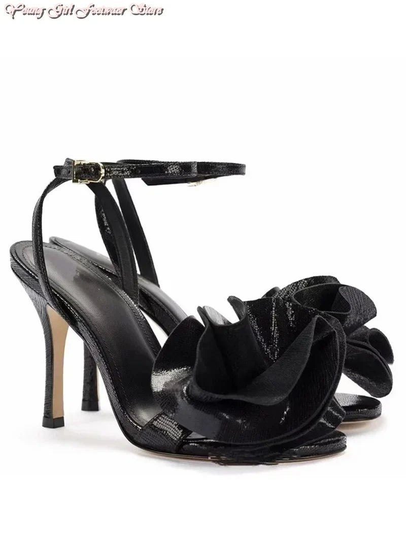 gold Roses One-strip Women's Sandals Pointed French Runway Style High Heel 2026 Spring Autumn Style Manual Luxury Women's Shoes