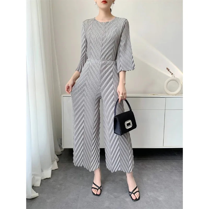 2026 Spring New Women Handmade Pleated Pants Set Comfortable Casual Seven Sleeve T-Shirt Top Loose Wide Leg Pants 2 Piece Set