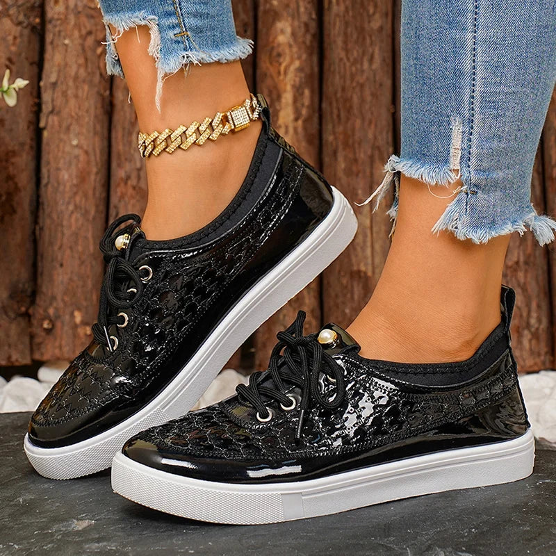 Black Pu Leather Platform Sneakers Women Plus Size 43 Soft Sole Lace Up Flats Woman 2026 Comfort Anti Slip Casual Shoes Female