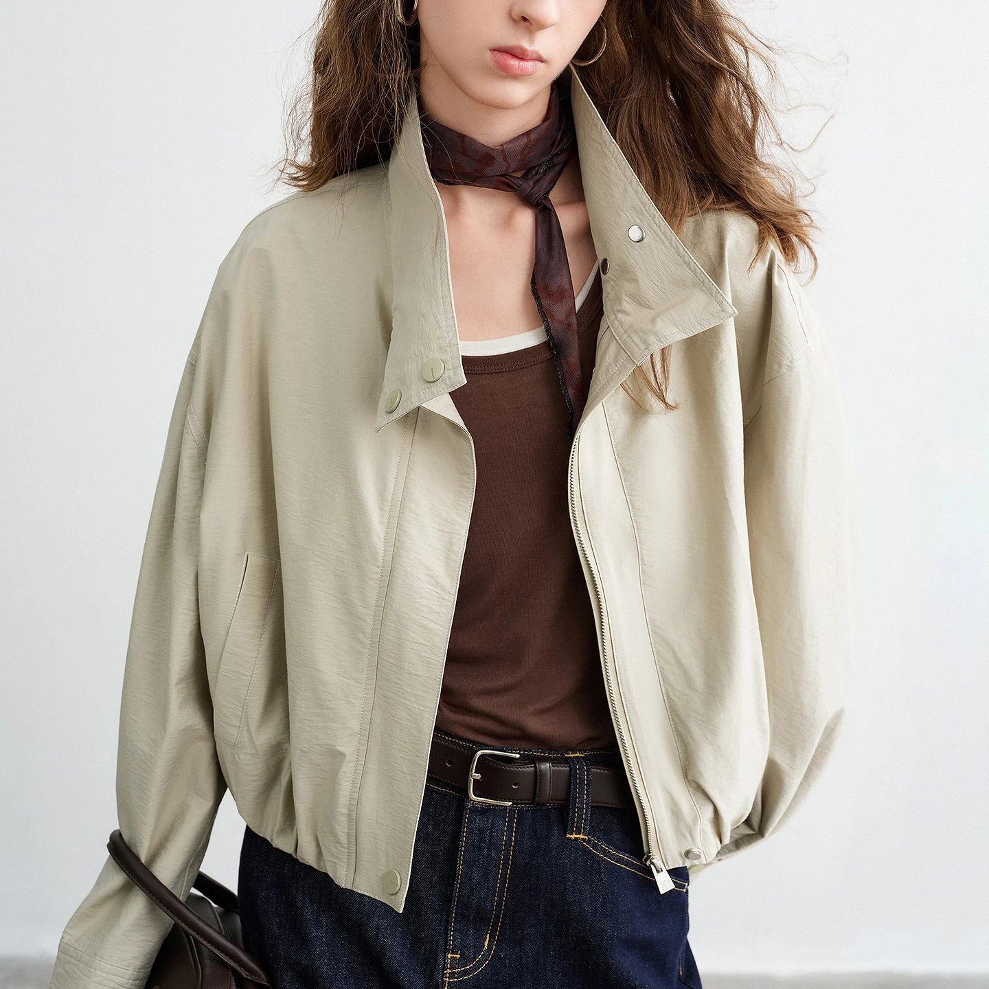 TOYOUTH Women Slub Cotton Jackets 2026 Spring New Cropped Tulip Silhouette Striped Cuff - Turn Up Stand Collar Tops
