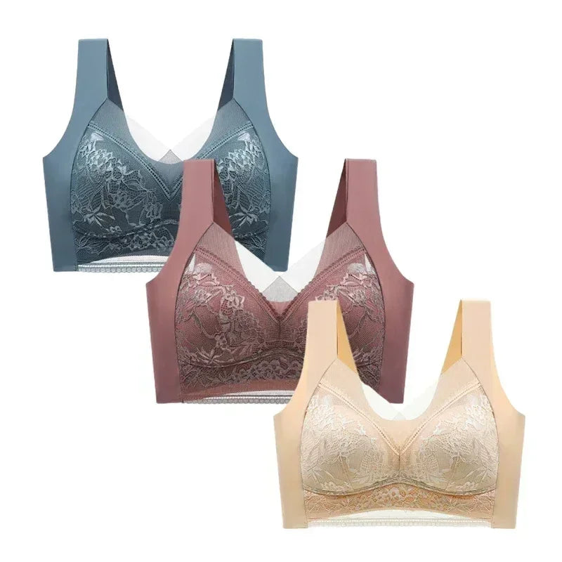 FallSweet Sujetadores Push Up de Encaje para Mujer, 3 Piezas, Sujetador Inalámbrico Sexy de Seda de Hielo, Bralette de Copa Profunda, Lencería Femenina, Ropa Interior para Mamá L-5XL