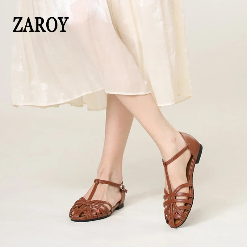 ZAROY Women's Sandals Summer Casual Footwear T-tied Cross Strap Flat Sandals Weave Hollow Roman Sandalia Zapatos сандали