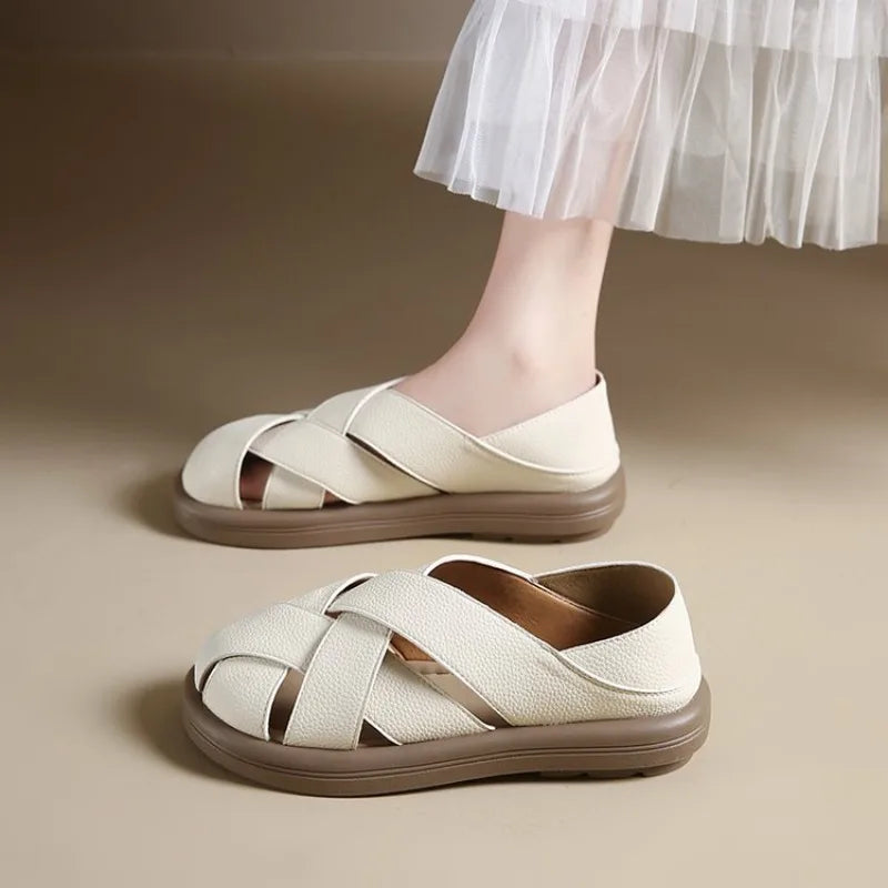 2026 Summer Flat Shoes Women Cross  Hollow Out Breathable Sandals Ladies Soft Sole Slip On Casual