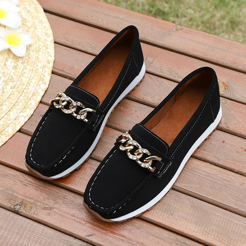 Fashion Metal Chain Soft Sole Flats Shoes Women Spring Autumn Pu Leather Platform Loafers Woman Slip On Non Slip Casual Shoes