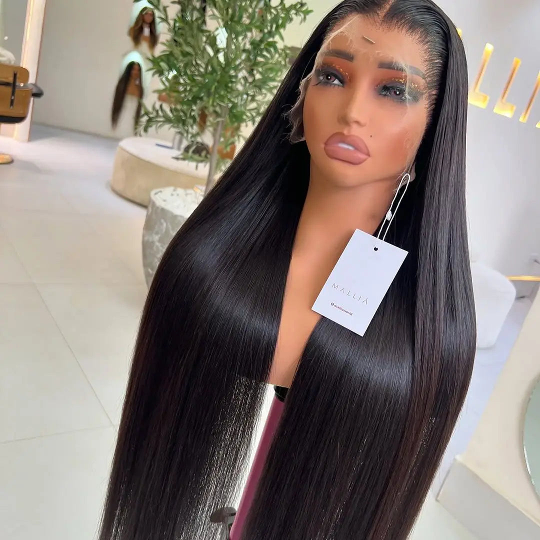 Peluca frontal de encaje largo y liso 13x4, color negro, sintética, para mujeres afroamericanas, pre-arrancada con pelo de bebé, nudos decolorados, sin pegamento