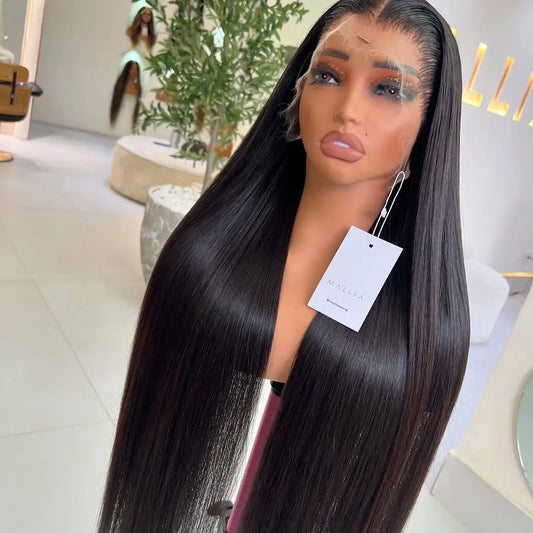 Peluca frontal de encaje largo y liso 13x4, color negro, sintética, para mujeres afroamericanas, pre-arrancada con pelo de bebé, nudos decolorados, sin pegamento