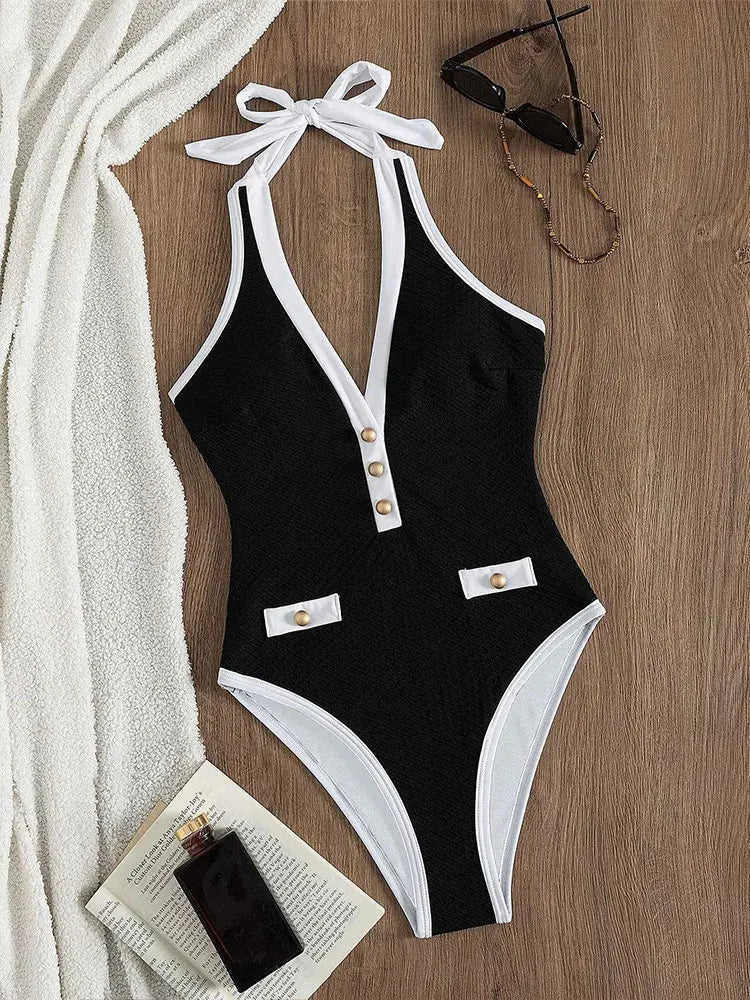 Sexy Deep V Halter High Cut One Piece Swimsuit