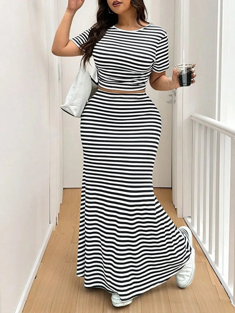 GIBSIE Plus Size Striped O-Neck Short Sleeve Crop Top Women Summer Mermaid Hem Long Skirts Set Female Casual Two Piece Outfit