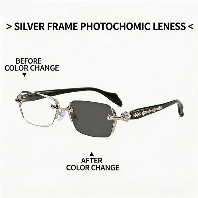 Unisex Rimless Business Glasses for Myopia, Featuring Metal Frames and Photochromic Lenses; Suitable for Daily Office Wear.
