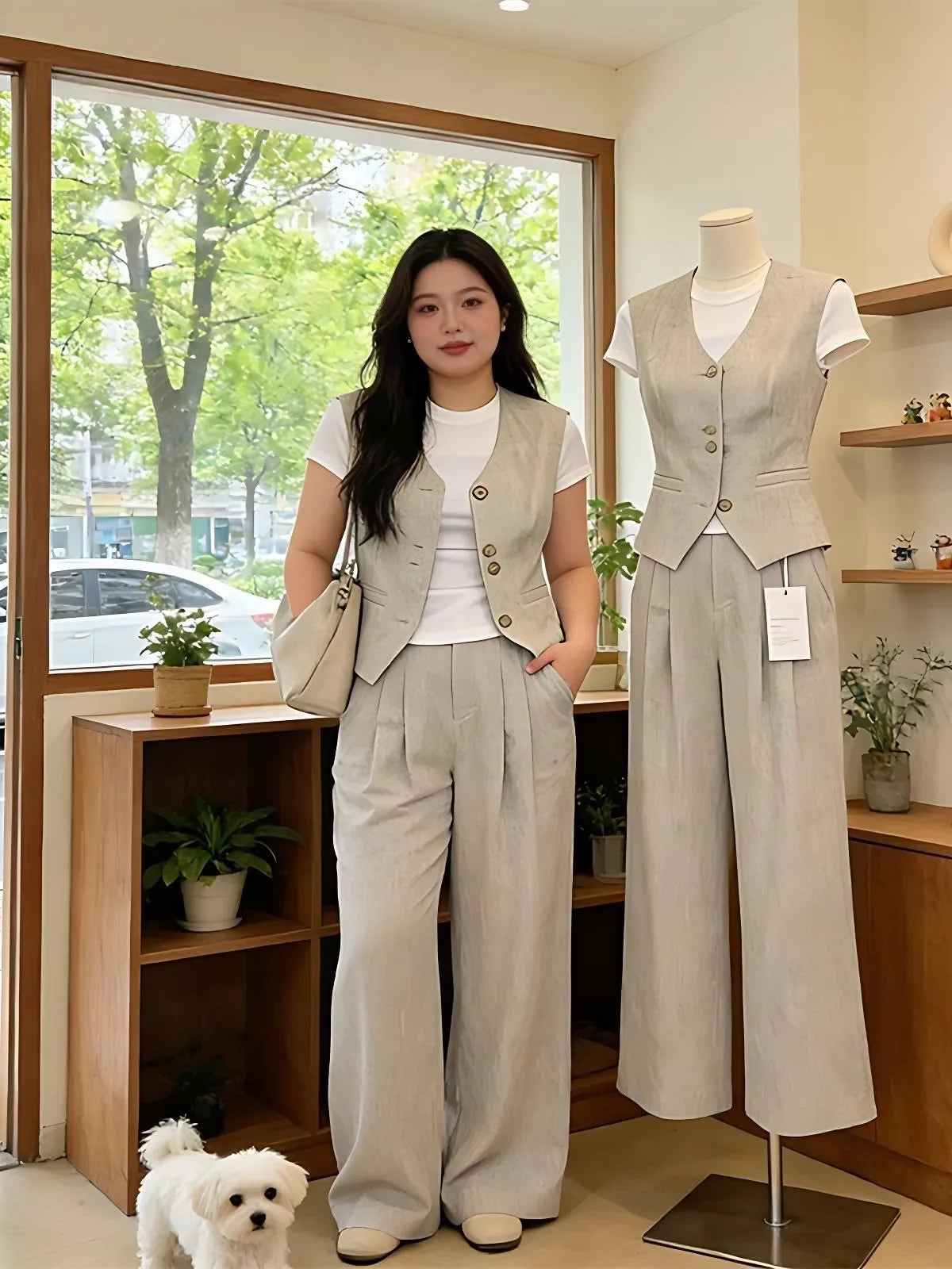 plus Size Casual Style Three Piece Set Women's Summer New White T-Shirt Sleeveless Tank Top Wide Leg Pants Ensemble