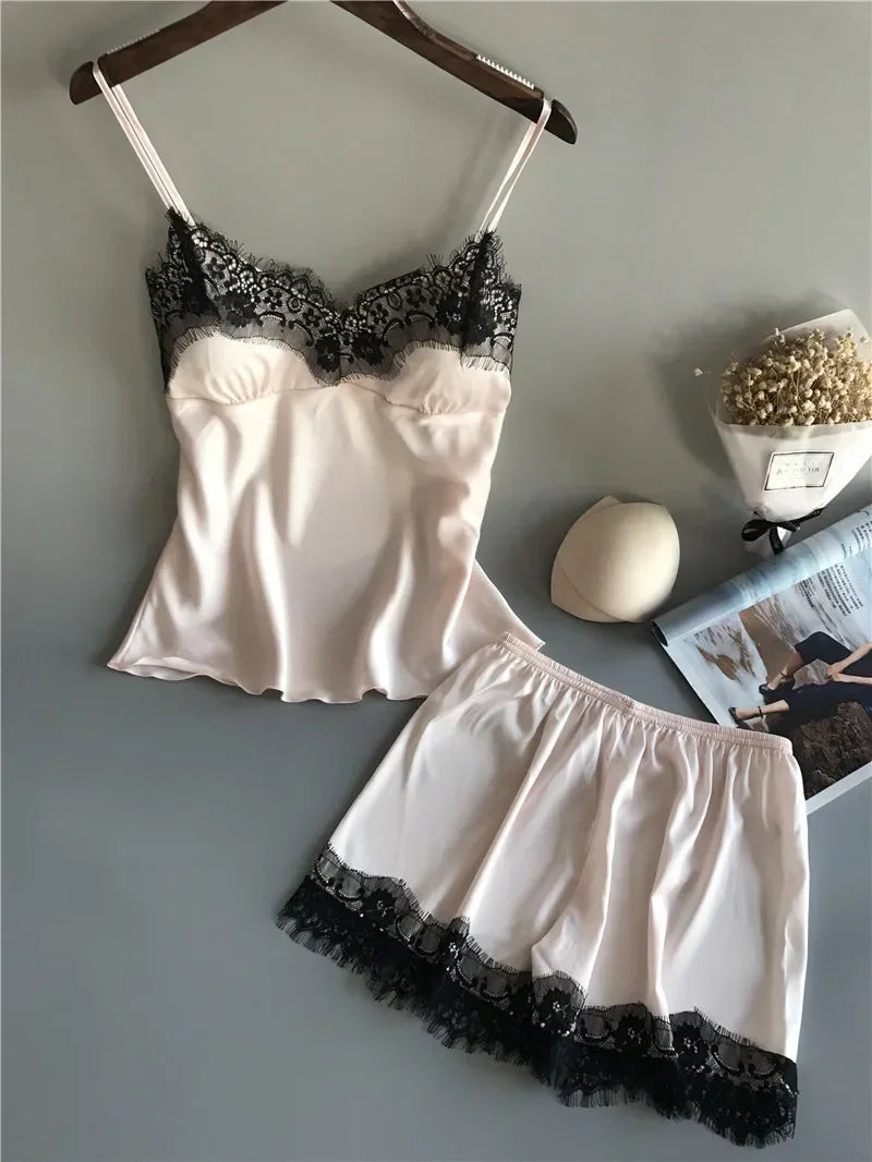 Women's Lace Satin Pajama Sets Sexy Nightwear Summer Sleeveless Tops+Shorts 2 Pcs Pyjamas Sleepwear Loungewear