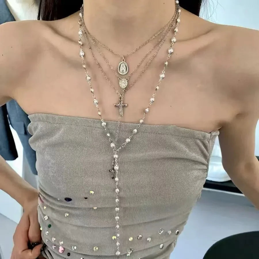 Trendy Cross Pearl Vintage Multi Layer Bead Necklace Set for Women