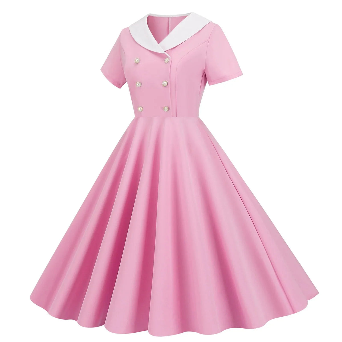 1950s Vintage 50s A-Line Evening Dress Short Sleeves V Neck Button High Waist Dresses Women's Prom Party Midi Dress Vestidos