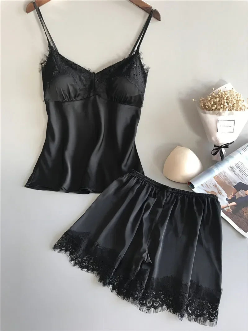 Women's Lace Satin Pajama Sets Sexy Nightwear Summer Sleeveless Tops+Shorts 2 Pcs Pyjamas Sleepwear Loungewear