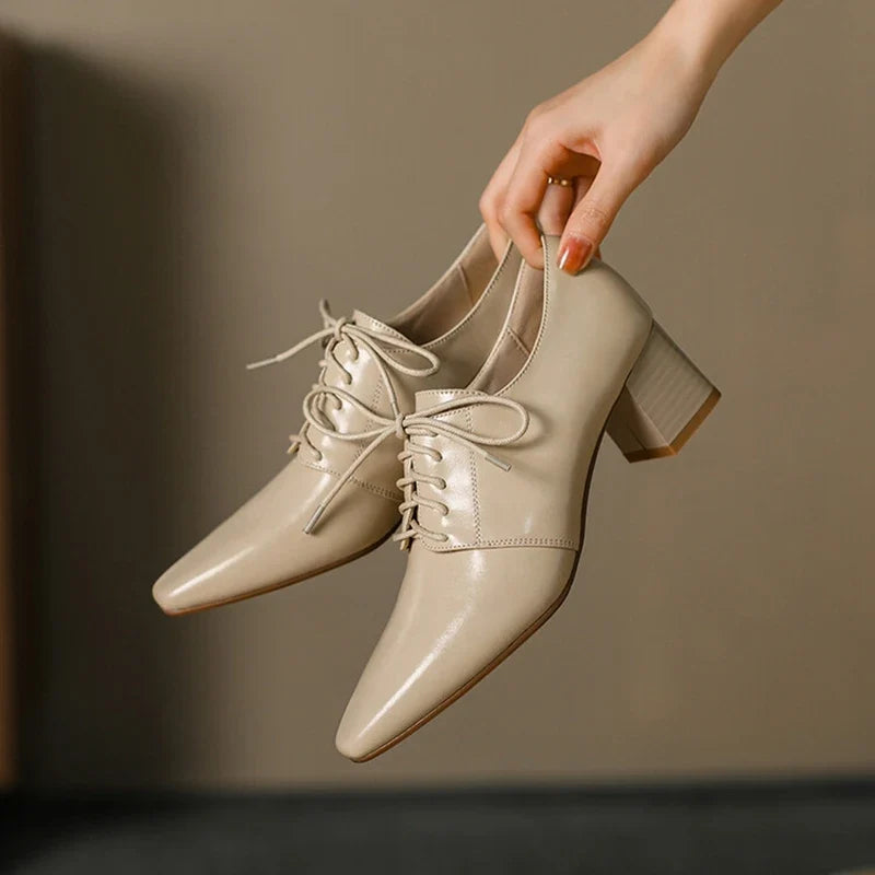 NEW Spring/Autumn Women Pumps Square Toe Chunky Heel Shoes Concise Split Leather Shoes for Women Lace-up Handmade Women Shoes