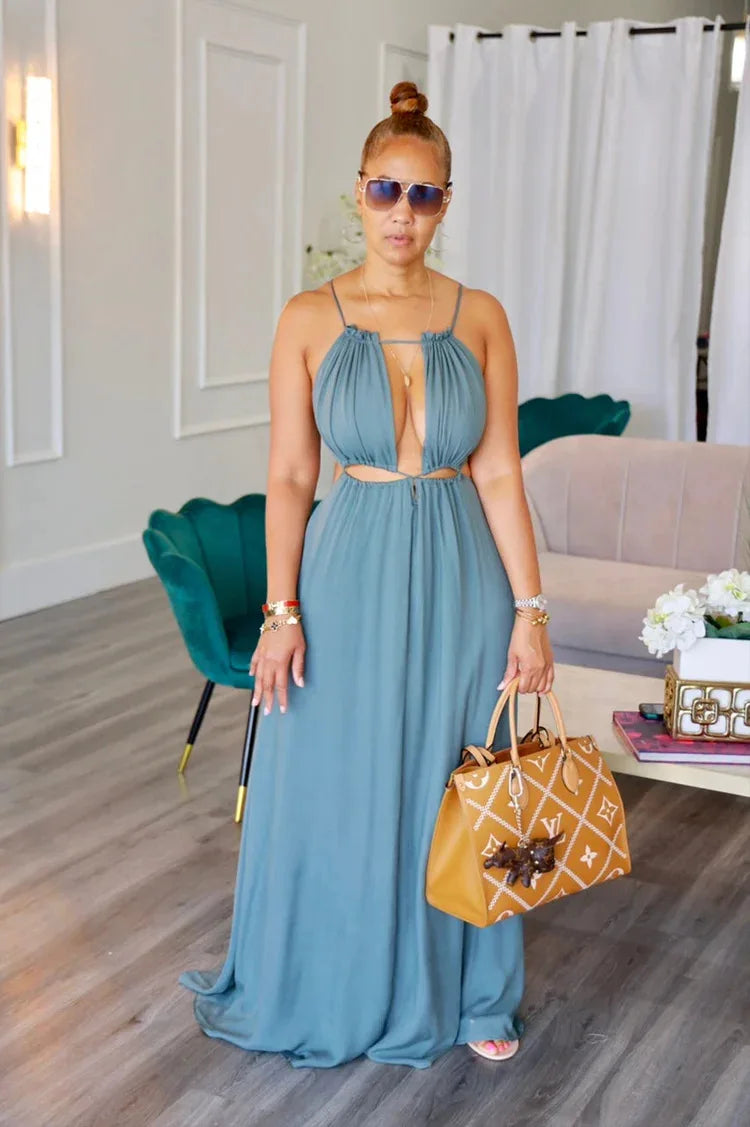 2025 Women's Dress Summer Holiday Solid Long Dresses Sexy Drawstring Lace Up Sleeveless Vestidos Para Mujer Club Party Outfits