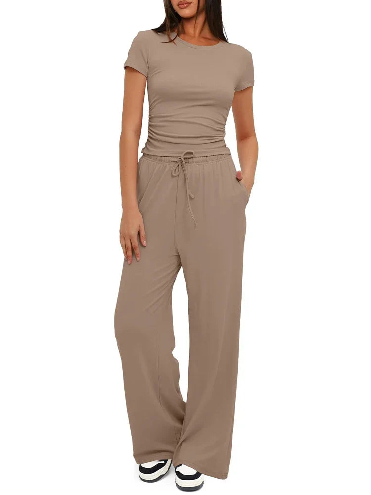 Summer Solid Loose Casual Tracksuit Women's Two Pieces Set O Neck Short Sleeves T-shirts and Wide Leg Pants Sets Sportswear Set