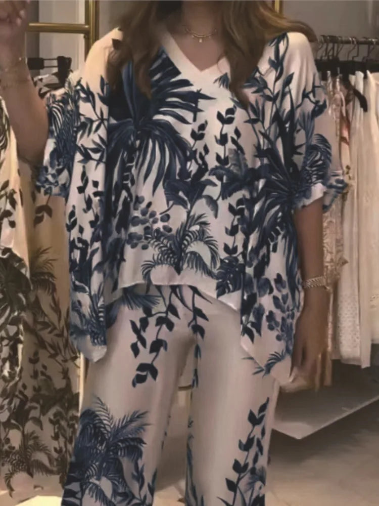 Fashion Short-sleeved V-neck Top + Wide-leg Pants 2-piece Set Women Elegant Spring Loose Irregular Top Floral Print Suit Female