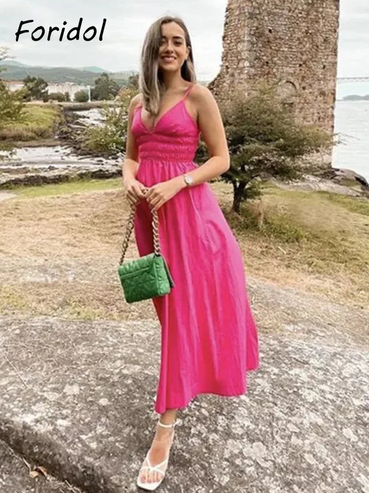 Foridol Elastic Smocking Green Cotton V Neck Summer Women's Dress Sleevless Long Green Maxi Casual Strapy Dress Solid Female