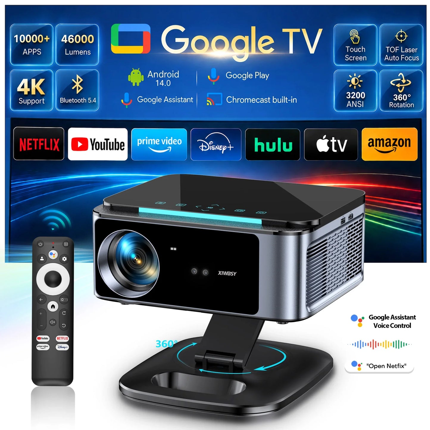 XIWBSY 3200ANSI T07Plus Google Voice Projector Android 14.0 Netflix Projector BT5.4 Wifi6 Home Theater Google TV Projector