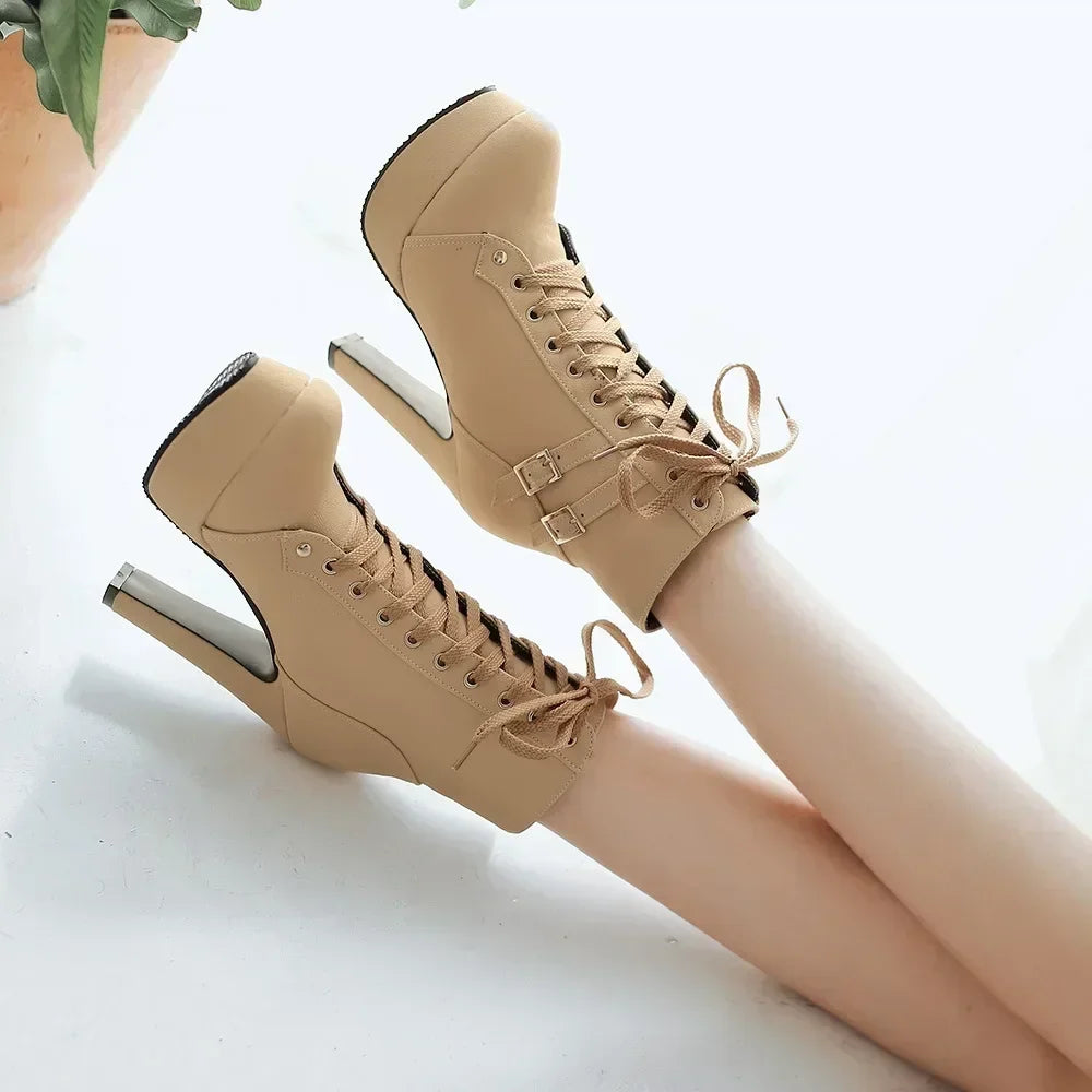 New Women's Pumps Shoes Womens Thick Sole Boots Lace Up Ladies Ankle Boots Comfortable Stiletto Heels Botas Altas Mujer