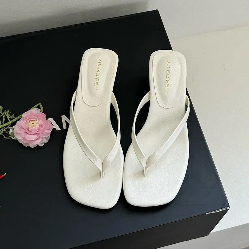 Fashion Square Toe Women 4CM Heels Slippers Slides Sandals Summer Casual Female Flip flops Ladies Thin Heel Slippers Shoes Pumps