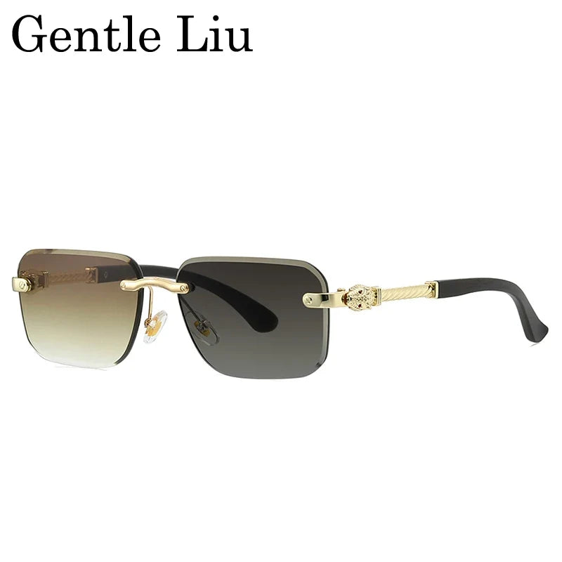 Vintage Rimless Photochromic Sunglasses Men 2026 Luxury Designer Square Frameless Leopard Head Sun Glasses Driving Eyewear Shade