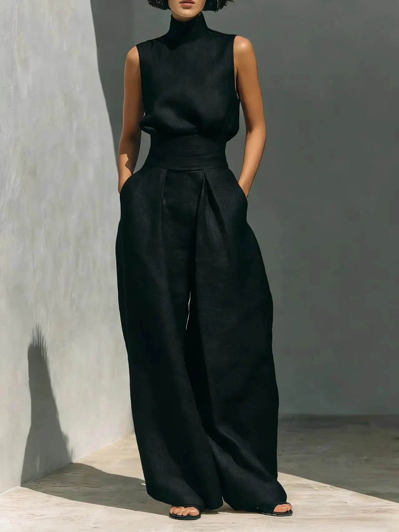 Women's Solid Color 2 Piece Set Sleeveless High Neck Top Back Keyhole High Waist Wide Leg Pants Casual Minimalist Summer Outfit