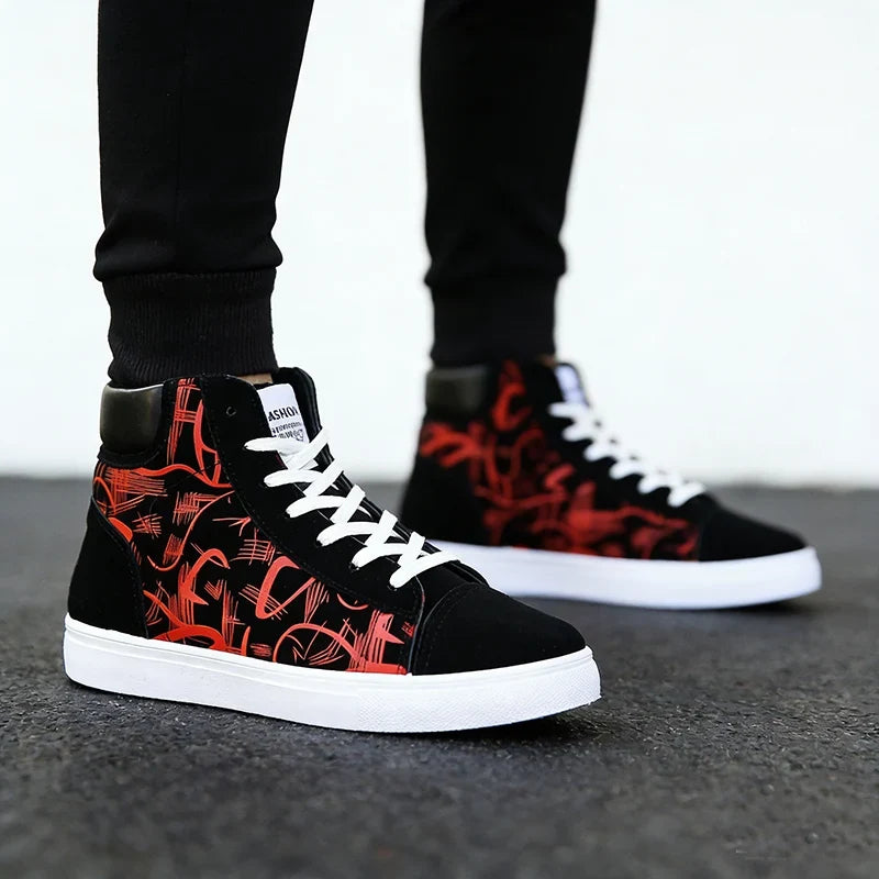Street Style Fashion Sneakers Mens Casual Shoes Flat Breathable High top Black Red Brand Male Footwear
