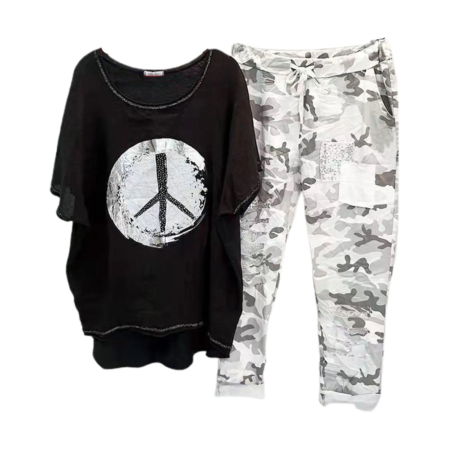 Womens Two Piece Camouflage Set Summer Outfits for Women Cotton Linen Suit 2023 Casual Print Short Sleeve Harajuku