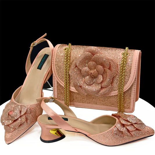 Conjuntos italianos de zapatos y bolsos con pedrería dorada HDF1-3