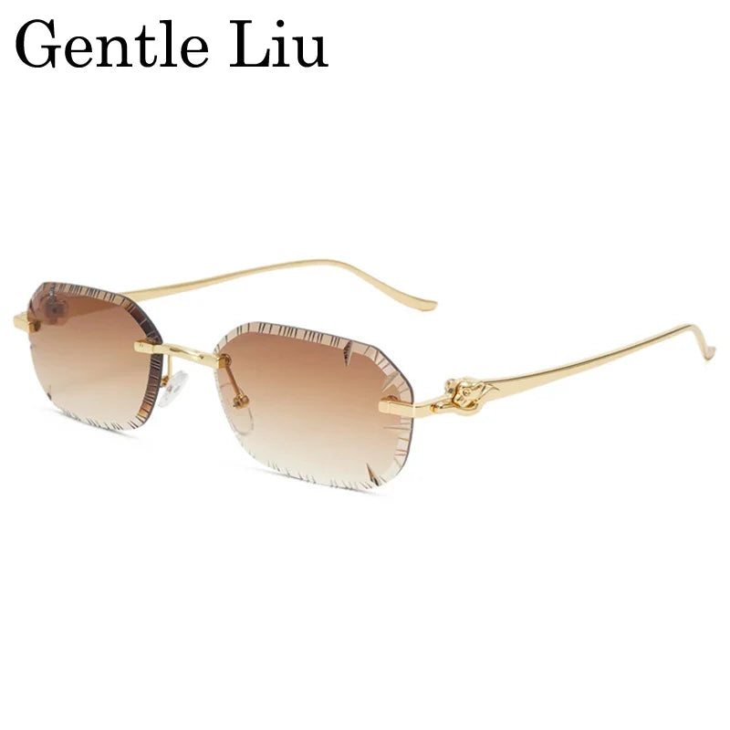 Small Rectangle Punk Rimless Sunglasses Men 2026 Luxury Designer Leopard Head Frameless Cut Edge Shades Retro Gold Metal Eyewear