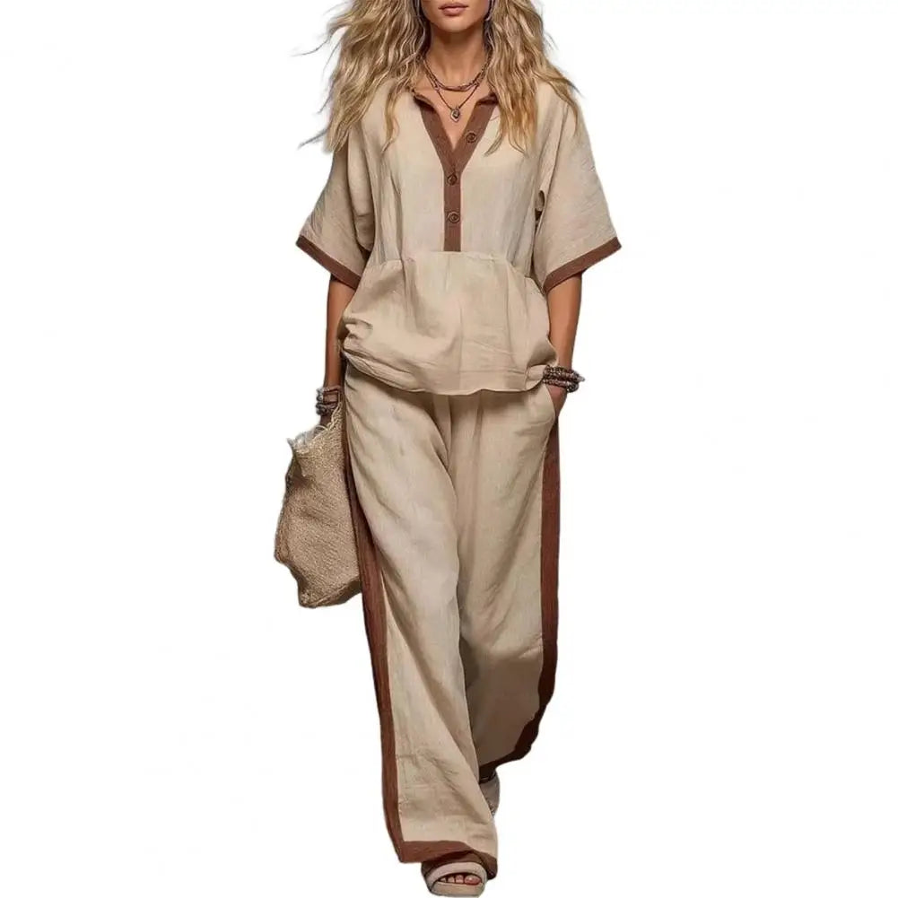Women Cotton Linen Set, Summer V-Neck Loose Fit & Elastic Waist Palazzo Pants 2-Piece Outfit, Casual Top and Wide Leg Trousers