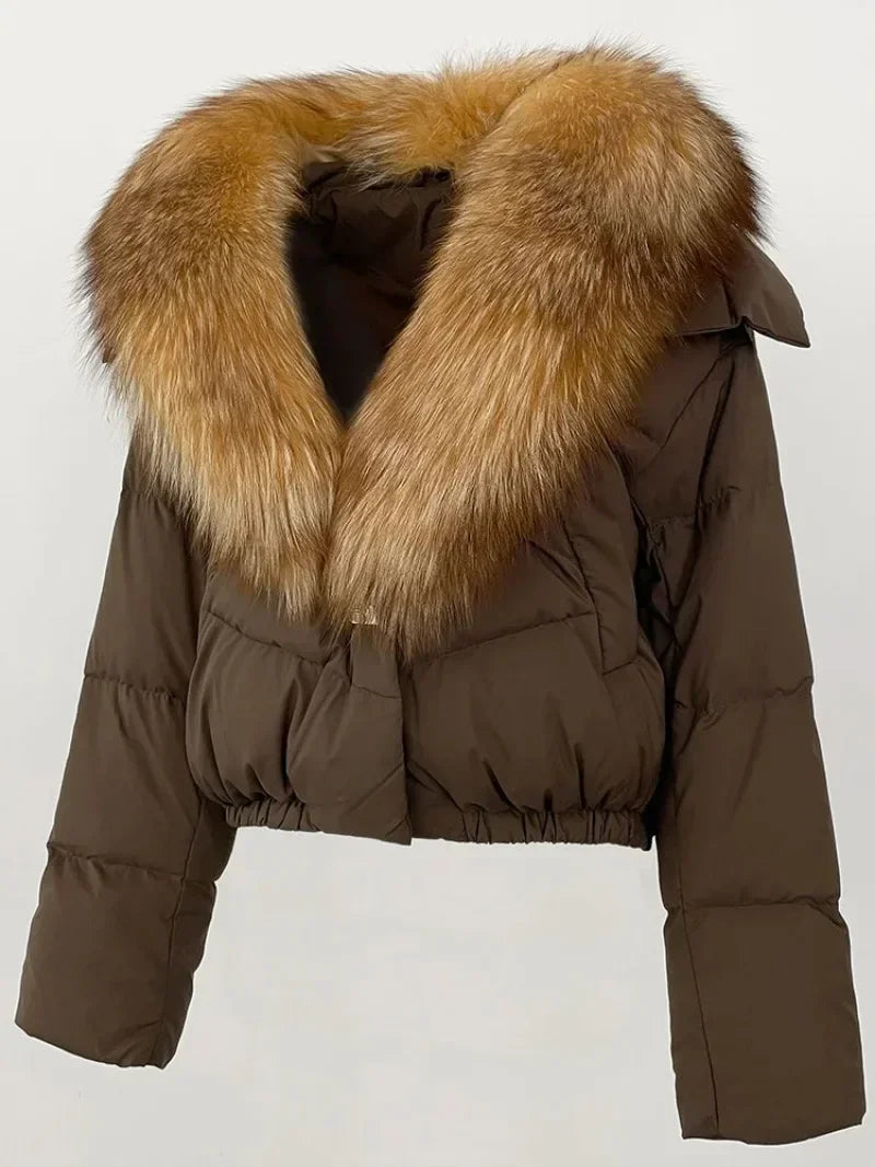 Down Jacket Women Short Puffer Jacket Thick New Big Natural Real Fox Fur Coat  Autumn Winter Female White Duck Down Coat Feather