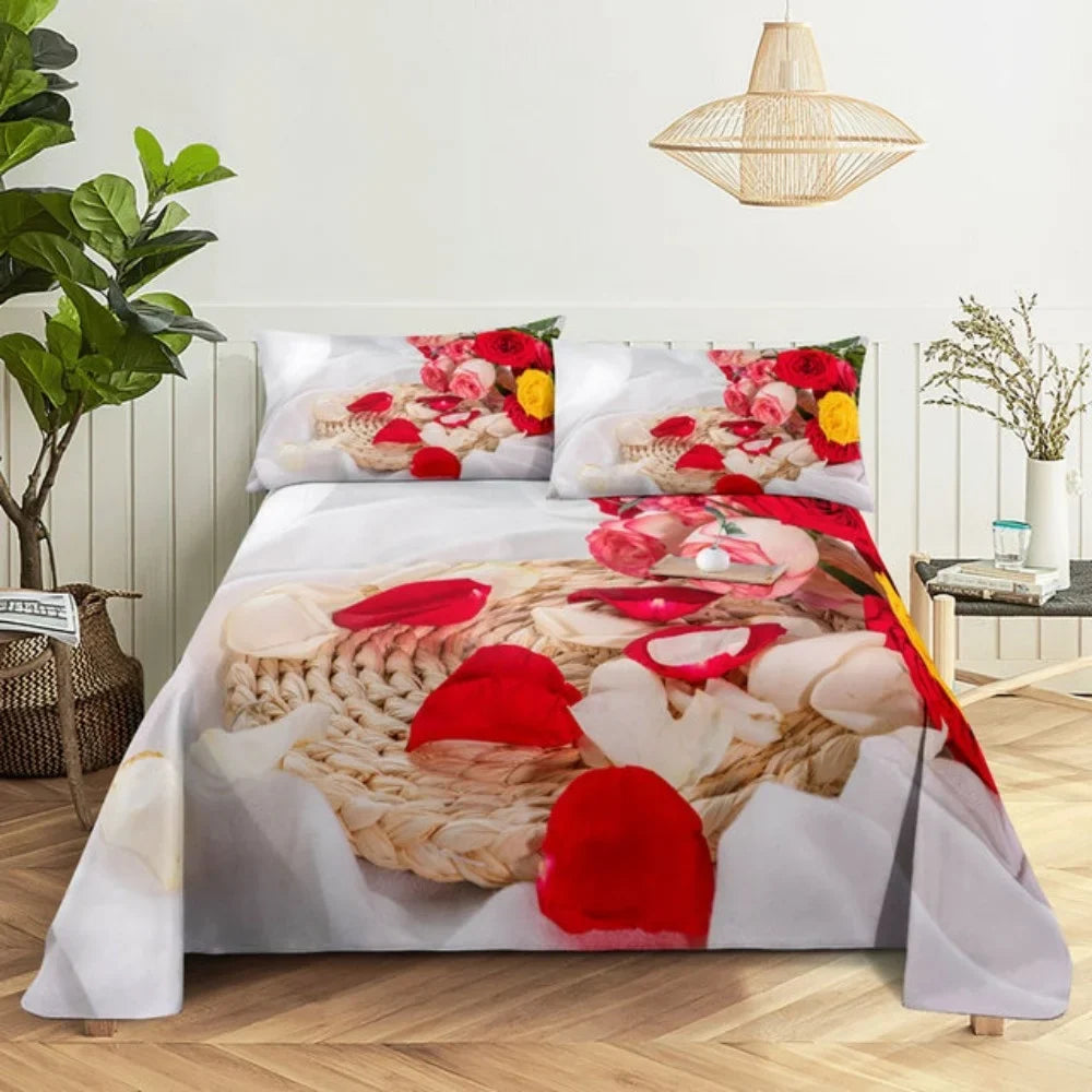 Pink Rose Bed Sheet Sets 3D Print Flowers Bed Flat Sheet for Women Girls King Queen Full Twin Size 2/3pcs Bed Linen Room Decor