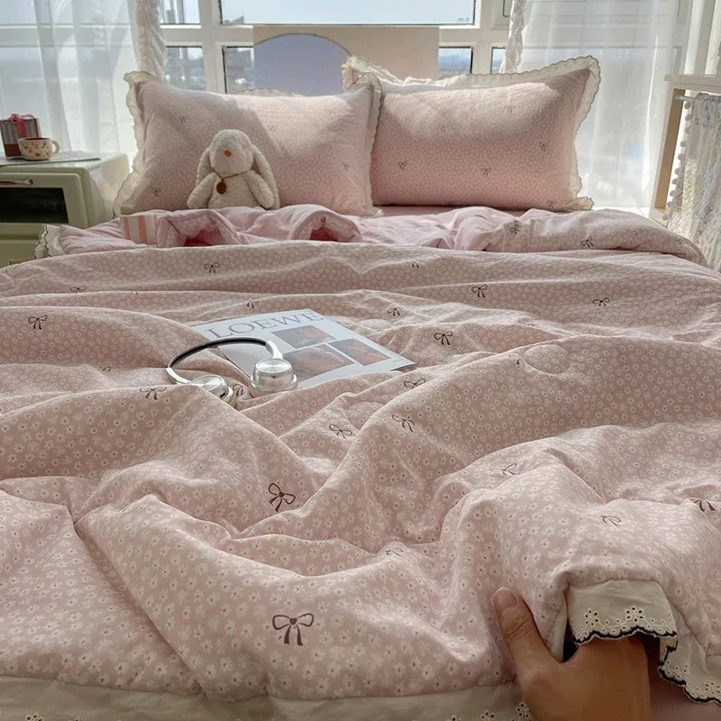 Summer Quilt Korean Style Duvet with Lace Single/Queen Size Comforter Flower Printed Quilted Blanket 여름이불 (No Pillowcase)