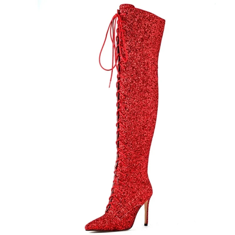 Luxury Gold Silver Red Over the Knee High Boots Sequined Sexy Nightclub Dance Party Shoes Ladies Lace-up Long Boot Large Size 48